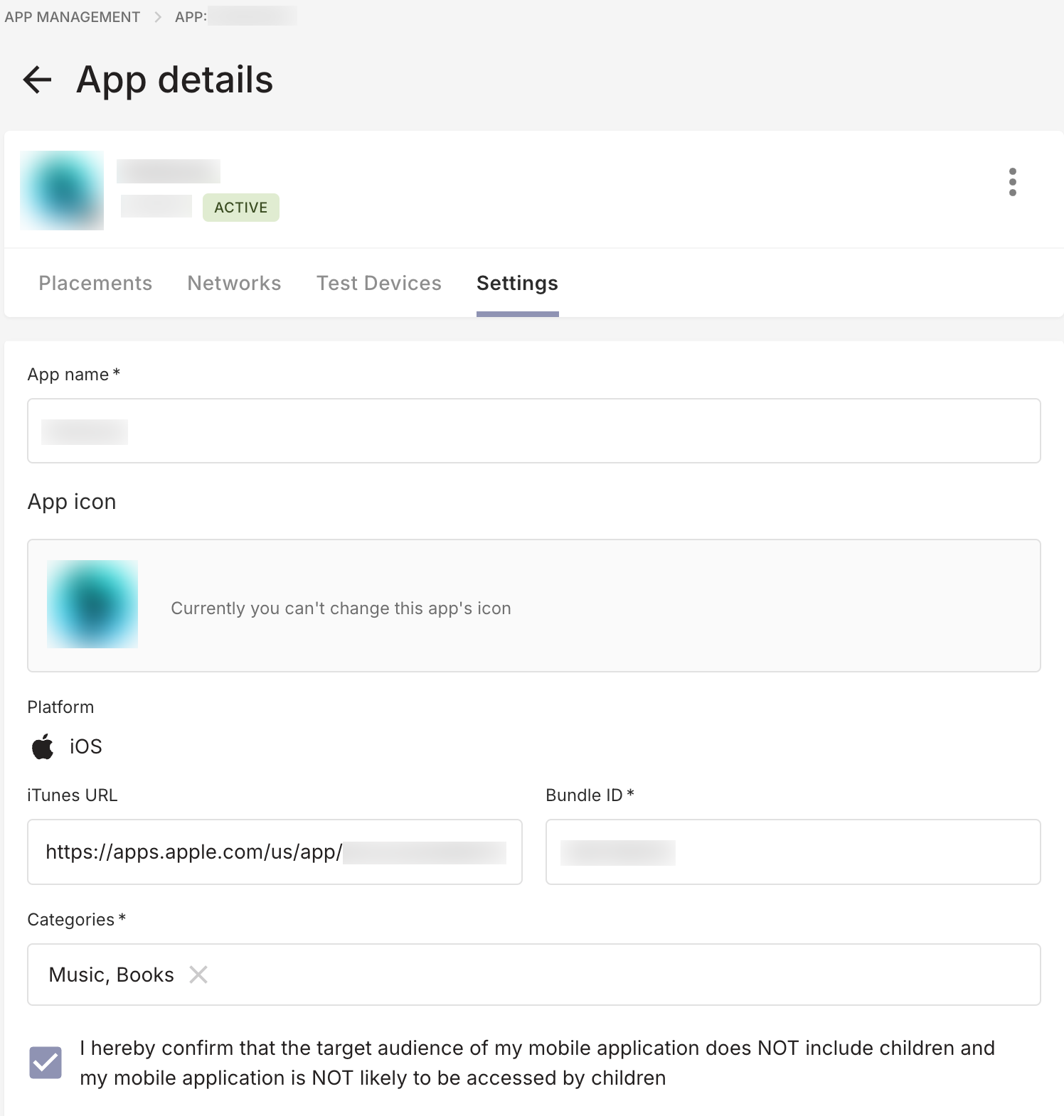 Settings tab of the App details screen